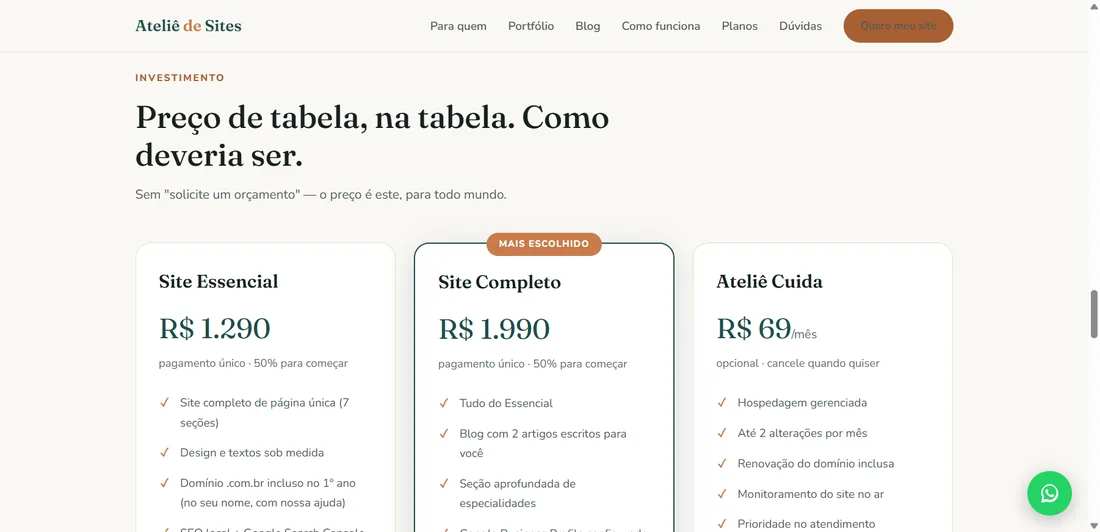 Página de planos do site do Ateliê de Sites