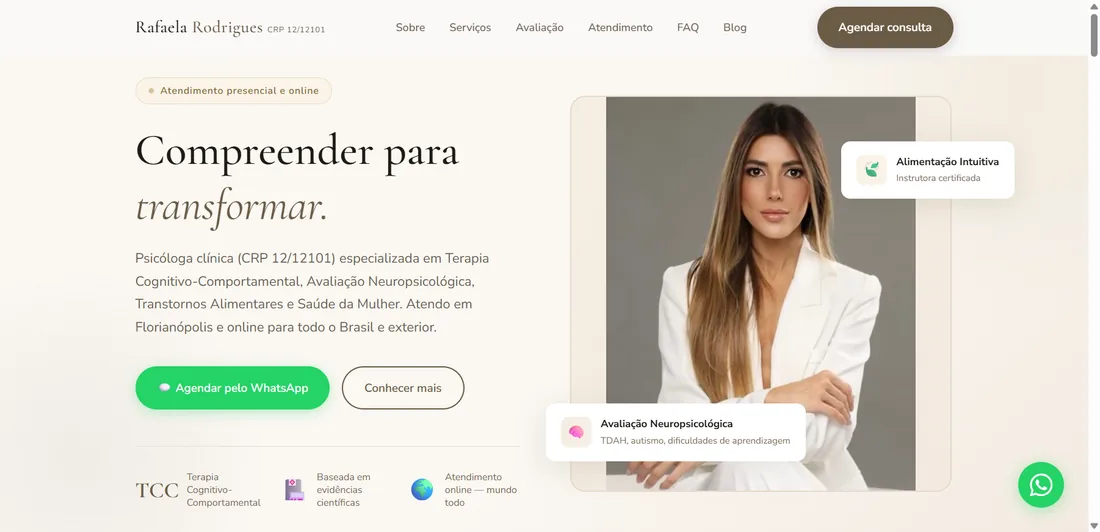 Página inicial do site da psicóloga Rafaela Rodrigues